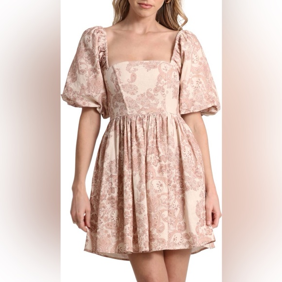 Avec Les Filles Dresses & Skirts - Avec Les Filles Women's Print Puff Sleeve Linen Blend Minidress